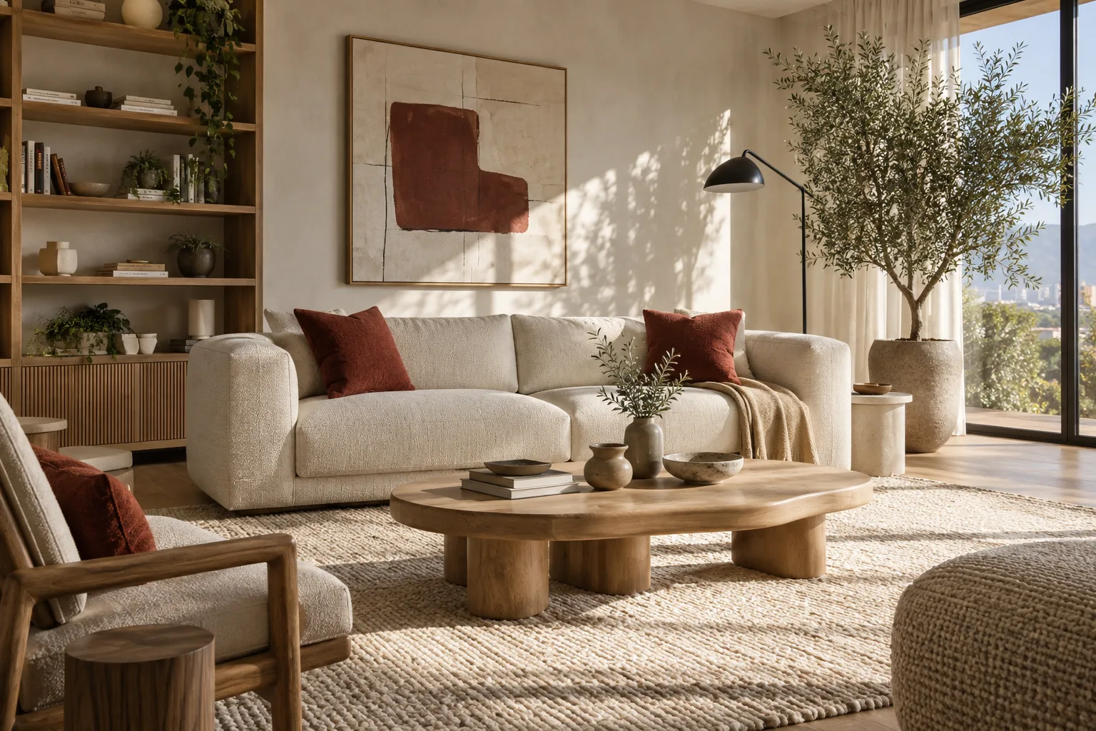 Sala luminosa con sofá claro, mesa de madera y detalles decorativos